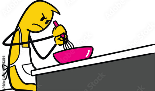 Frustrated stick figure chef struggling with cooking ingredients.