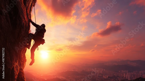 Silhouette of a rock climber reaching for the summit at sunset