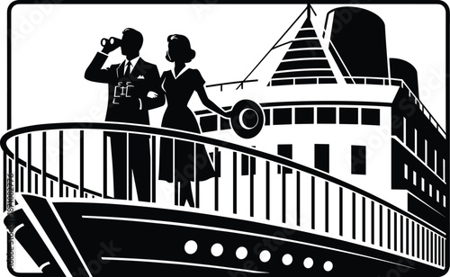 Elegant couple silhouette on luxury cruise ship deck, vintage black vector illustration symbolizing travel, adventure, romance, and classic ocean liner lifestyle