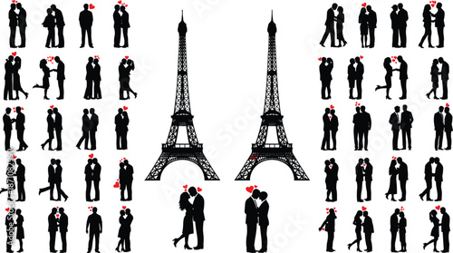 Romantic couple silhouette collection with Eiffel Tower icons, love poses and red hearts, elegant Paris themed vector set for Valentine designs