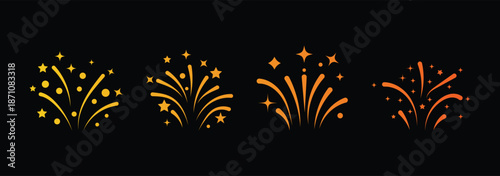 Fireworks gradients simple modern line art flat vector icons isolated on white background. New Year celebration border. firework bursts in black and white stylized designs with intricate detailing set