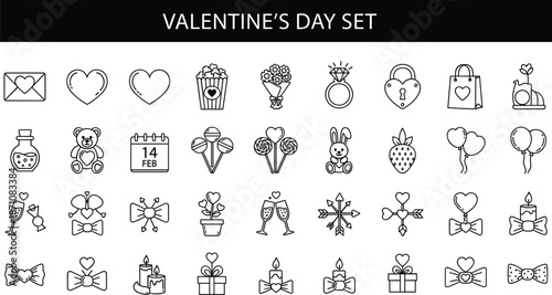Valentine’s Day outline icon set with love, gift, heart and romance symbols, clean black vector illustration collection for holiday design projects