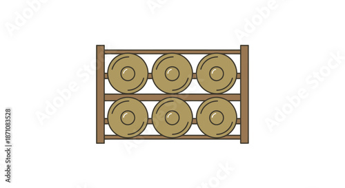 Rack with Six Round Gongs Musical Instruments Traditional Percussion.