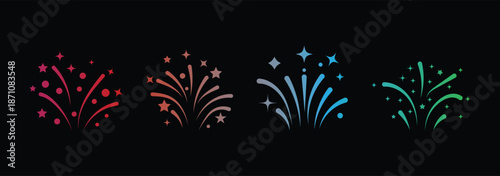 Fireworks gradients simple modern line art flat vector icons isolated on white background. New Year celebration border. firework bursts in black and white stylized designs with intricate detailing set