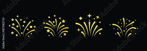 Fire works icon. Firework icon set. Fourth of July celebration symbol, Independence Day design element. A celebratory image depicting several stylized fireworks bursts and sparkling trails rendered