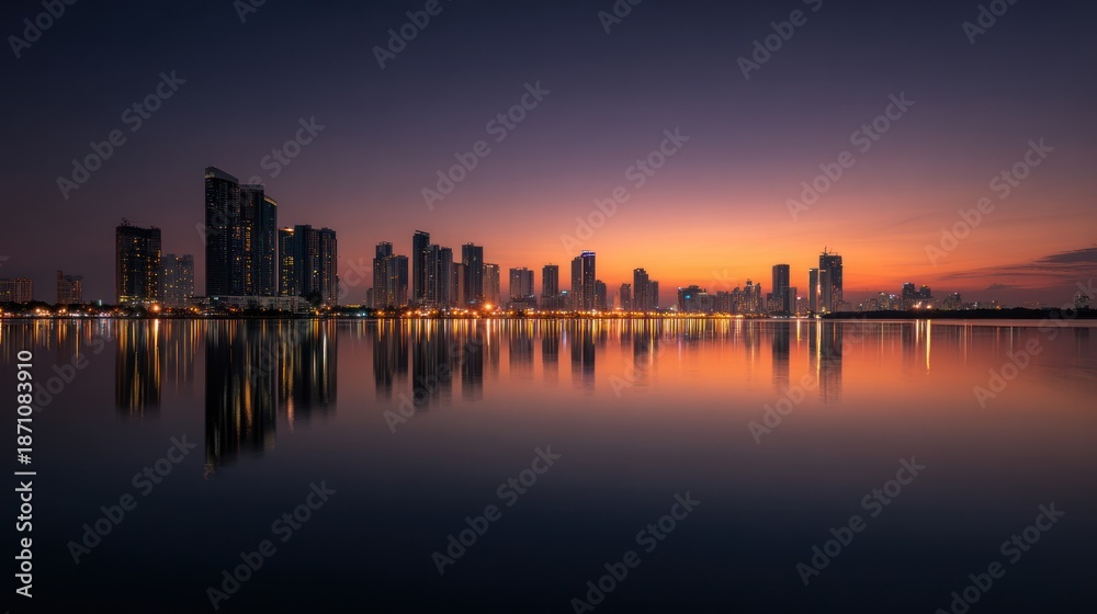 Obraz premium City skyline at sunset with buildings reflected in still water