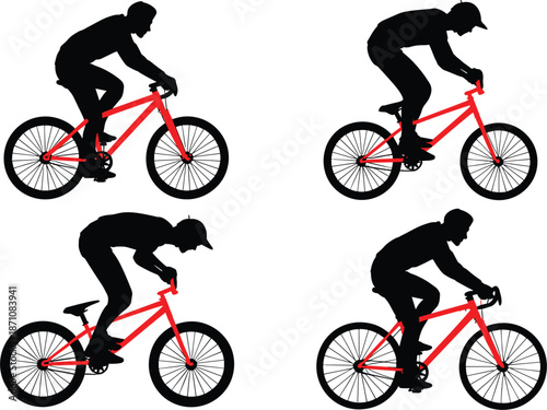 Four Black Silhouettes of Cyclists on Red Bicycles on White Background bike