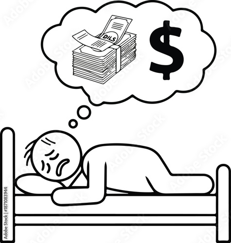 Man dreaming of money while sleeping in bed.