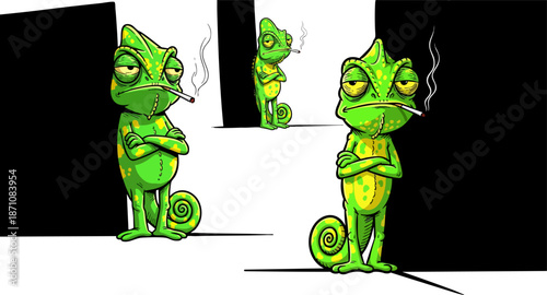 Cartoon Green Chameleon Smoking Cigarette Vector Illustration Set