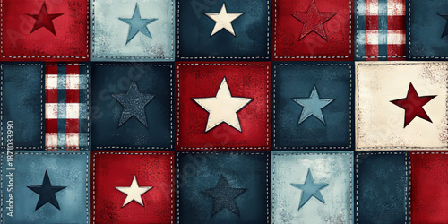 Patchwork quilt with red, white, and blue stars — ideal for patriotic blogs, 4th of July sites, Americana design, vintage crafts, and seasonal marketing celebrating American heritage, freedom