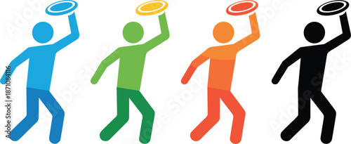Four Stylized Human Figures with Flying Discs in Different Colors vector illustration