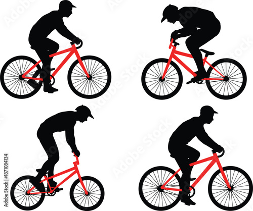 Four Silhouettes Of Cyclists On Red BMX Bicycles In Different Poses cycling bike