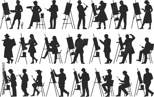Silhouettes of Artists Painting at Easels on White Background vector illustration