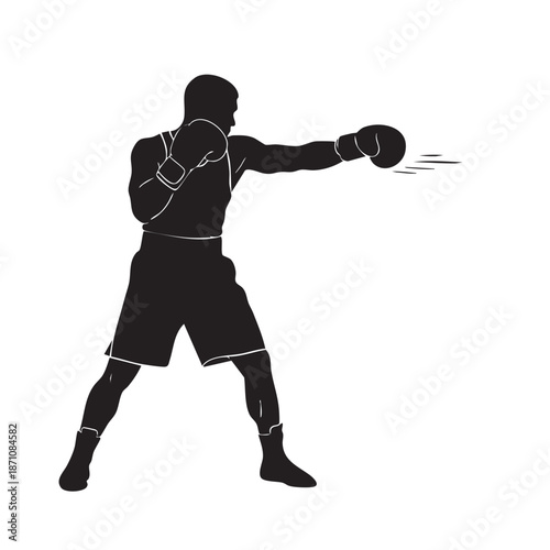 Boxer silhouette throwing a powerful punch, athletic fighter with boxing gloves in a dynamic strike, depicting speed and force in black and white illustration
