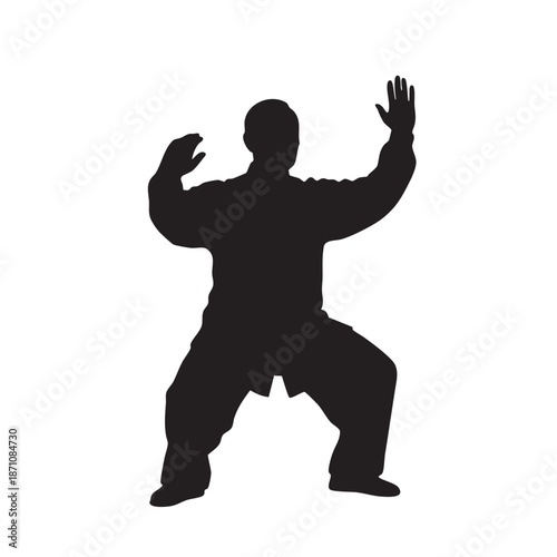 Tai chi practitioner silhouette in a balanced stance, calm martial artist performing fluid movements, embodying peaceful focus in black and white illustration