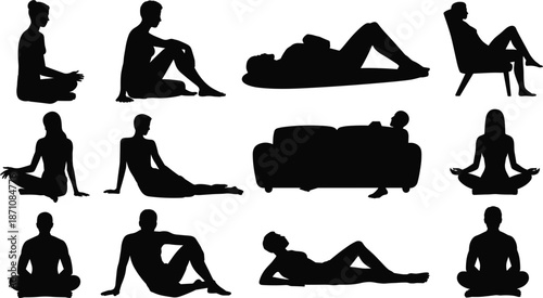 Silhouettes of People in Relaxing Poses on White Background vector illustration