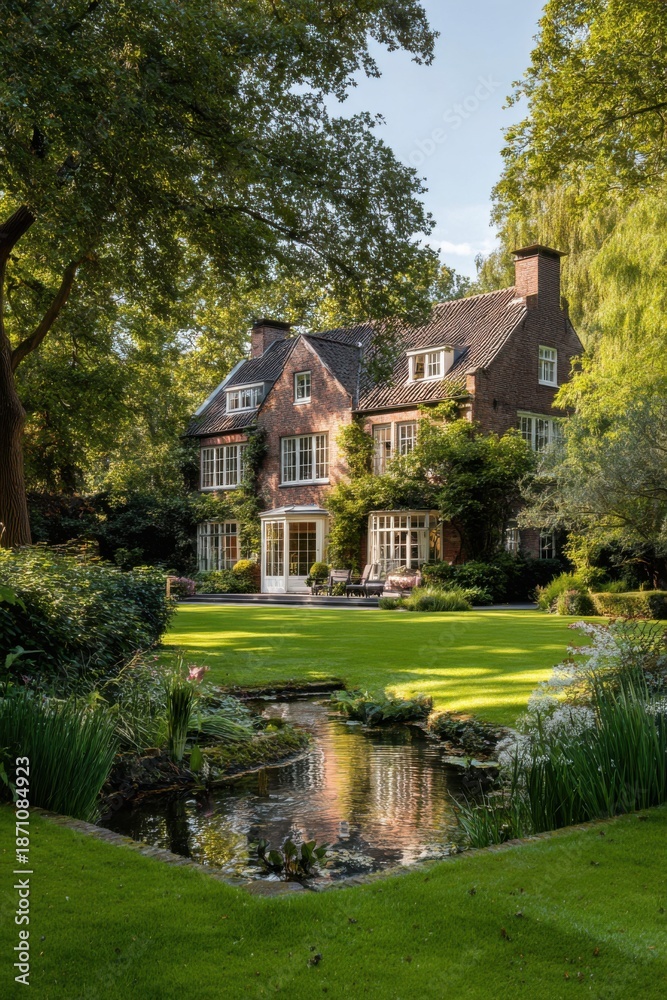 Obraz premium Beautiful house with a garden and pond located in a green area on a sunny day during the afternoon hours inviting relaxation and enjoyment of nature