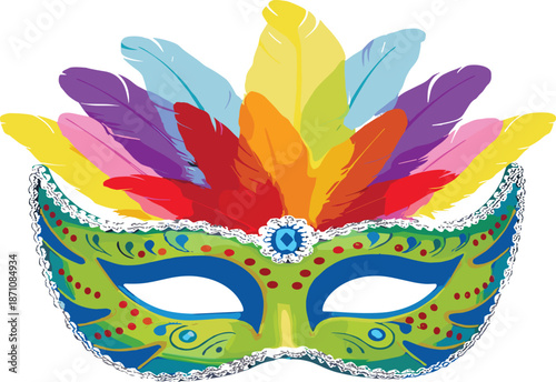 Colorful carnival mask with feathers, festive masquerade party design, vibrant decorative costume accessory, traditional celebration vector illustration artwork
