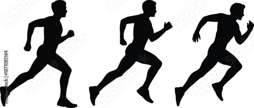 Three Black Silhouettes of Male Runners in Mid- Stride Keywords: silhouette, runners, running, athletes, men, male, sport