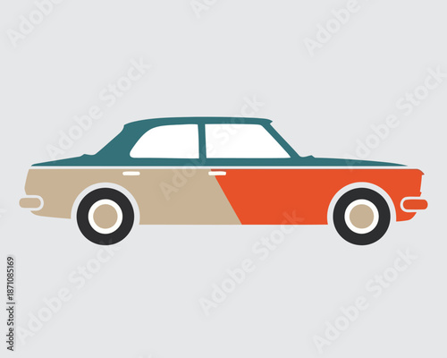Vibrant multi-colored vintage automobile illustration, showcasing a simplified graphic design with retro appeal and a charming nostalgic aesthetic for transportation concepts