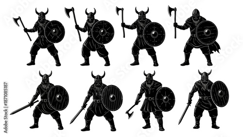 Eight black silhouettes of Viking warriors with horned helmets, shields, axes, and swords, in various battle-ready poses.