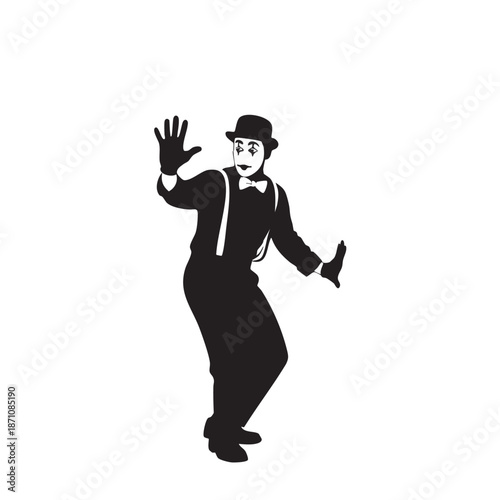 Silhouette of a mime artist striking an expressive pose with open hands, conveying a sense of surprise or wonder, illustrating performance art on white