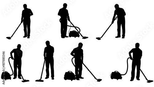 Silhouettes of men vacuuming with different types of vacuum cleaners, illustrating various cleaning postures and equipment.