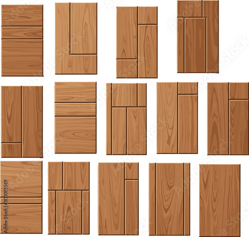 Collection of wooden texture panels with various grain patterns and plank arrangements isolated on white background for interior design backgrounds.