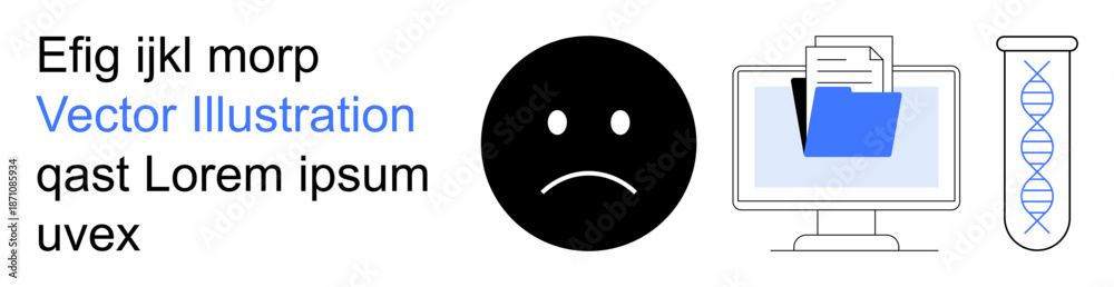 Fototapeta premium Emotions, technology, science, data analysis, file management, communication. Sad face symbol, DNA helix and computer screen with documents. Emotions and technology