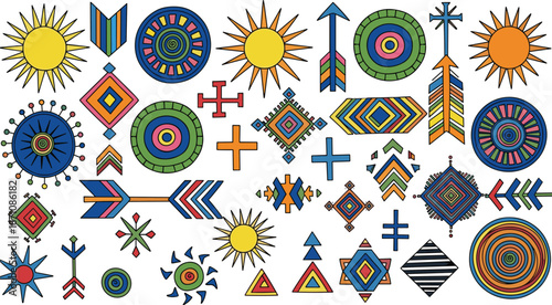 Colorful tribal geometric symbols set, boho ethnic shapes collection, abstract sun arrows crosses patterns, decorative vector illustration isolated background