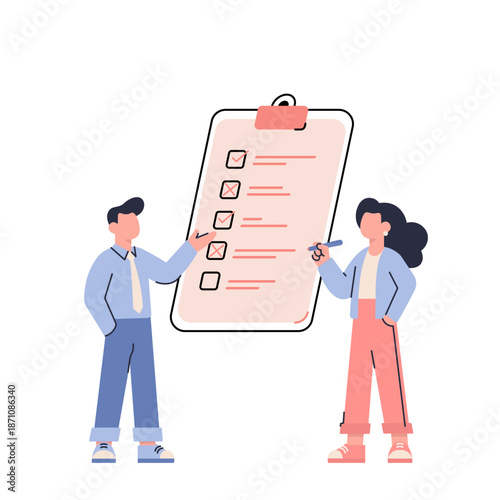 Business checklist and task management. Flat vector illustration of two coworkers reviewing a checklist for planning and project tasks.
