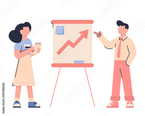 Business presentation with growth chart. Flat vector illustration of coworkers discussing analytics and results on a presentation board.
