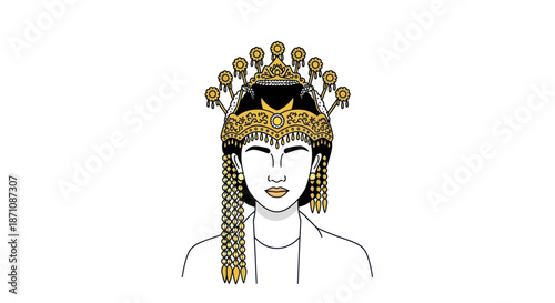 Traditional Indonesian Woman Wearing Elaborate Gold Headpiece Illustration.