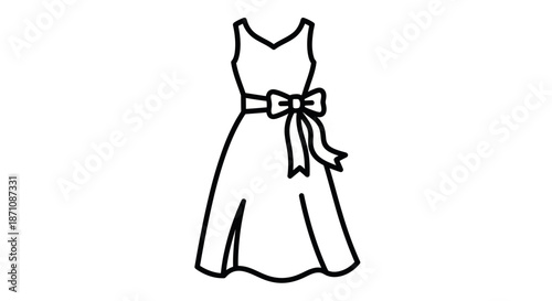Elegant Sleeveless V-Neck Dress with Bow Belt Simple Line Art Illustration.