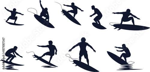 Black silhouette vector illustration of surfers in dynamic poses riding surfboards, perfect for water sports and beach themes