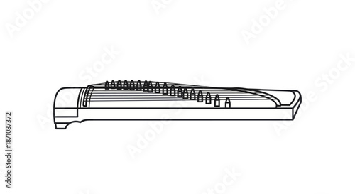 Detailed Line Art Illustration of a Traditional Japanese Koto Instrument.