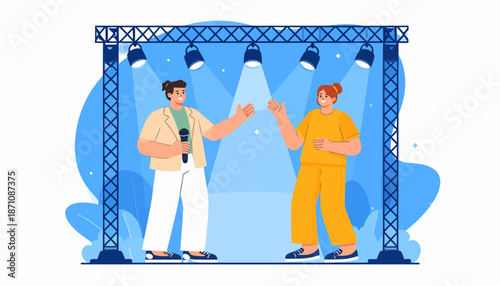 Stage Presentation with Speakers Under Spotlight