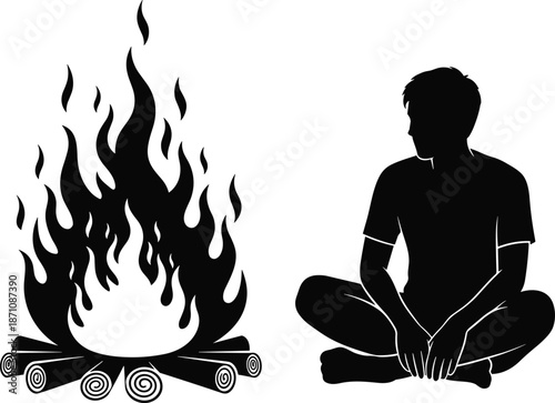 Man sitting near campfire silhouette illustration, outdoor survival concept, lonely traveler resting, black and white vector artwork design