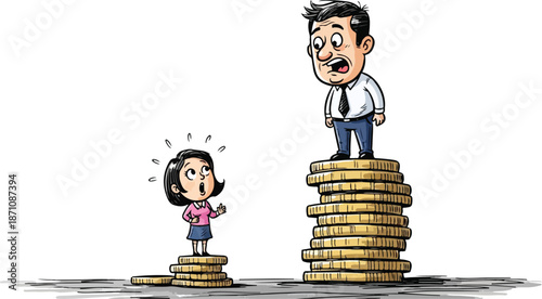 Man and Woman Standing on Coins Stacks.