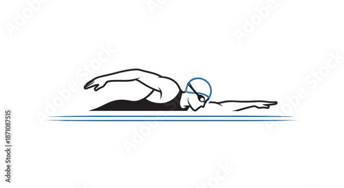 Dynamic Swimmer in Black Swimsuit and Blue Goggles Performing Freestyle Stroke.