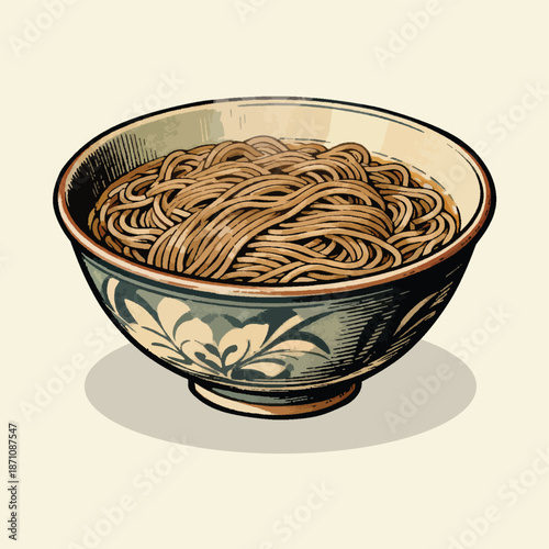 Japanese Soba Noodles in Traditional Bowl with Soy Sauce