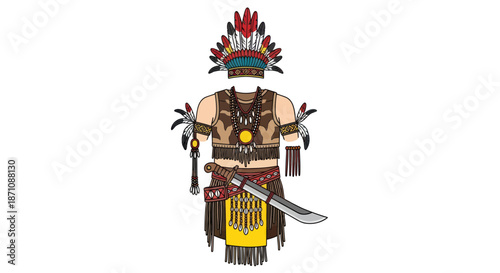 Indigenous warrior costume with headdress tunic and knife.