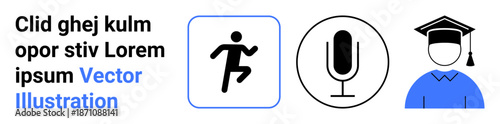 Education, fitness, audio recording, media, communication, learning. A runner icon, microphone symbol and graduate cap with placeholder text. Education and fitness concept