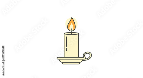 A lit cream-colored candle in a decorative holder casting a warm glow.