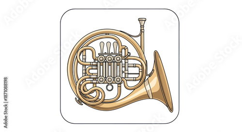 Golden Brass French Horn Musical Instrument Illustration.