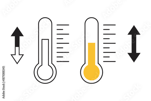 A vector graphic illustration of thermometers and temperature arrows