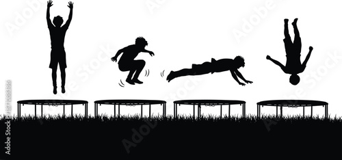 Trampoline jumping sequence silhouette, acrobatic backflip motion, active outdoor sport activity, fitness training concept, black and white vector
