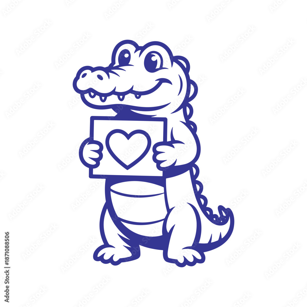 Obraz premium Smiling Crocodile Holding Heart Board Illustration