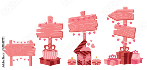 Valentines Day collection of pink wooden boards with empty space for text, decorated with romantic elements. Perfect for banners, greeting cards, invitations and promotional designs.