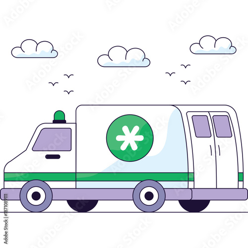 Ambulance with Star of Life symbol and clouds